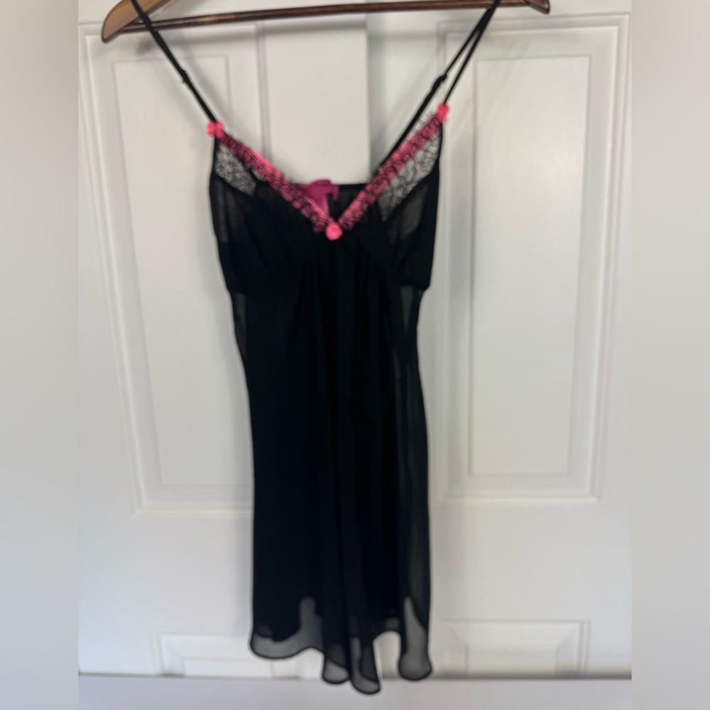 Betsey Johnson Intimates Black Lace Pink Detail Babydoll Negligee Teddy‎ Small